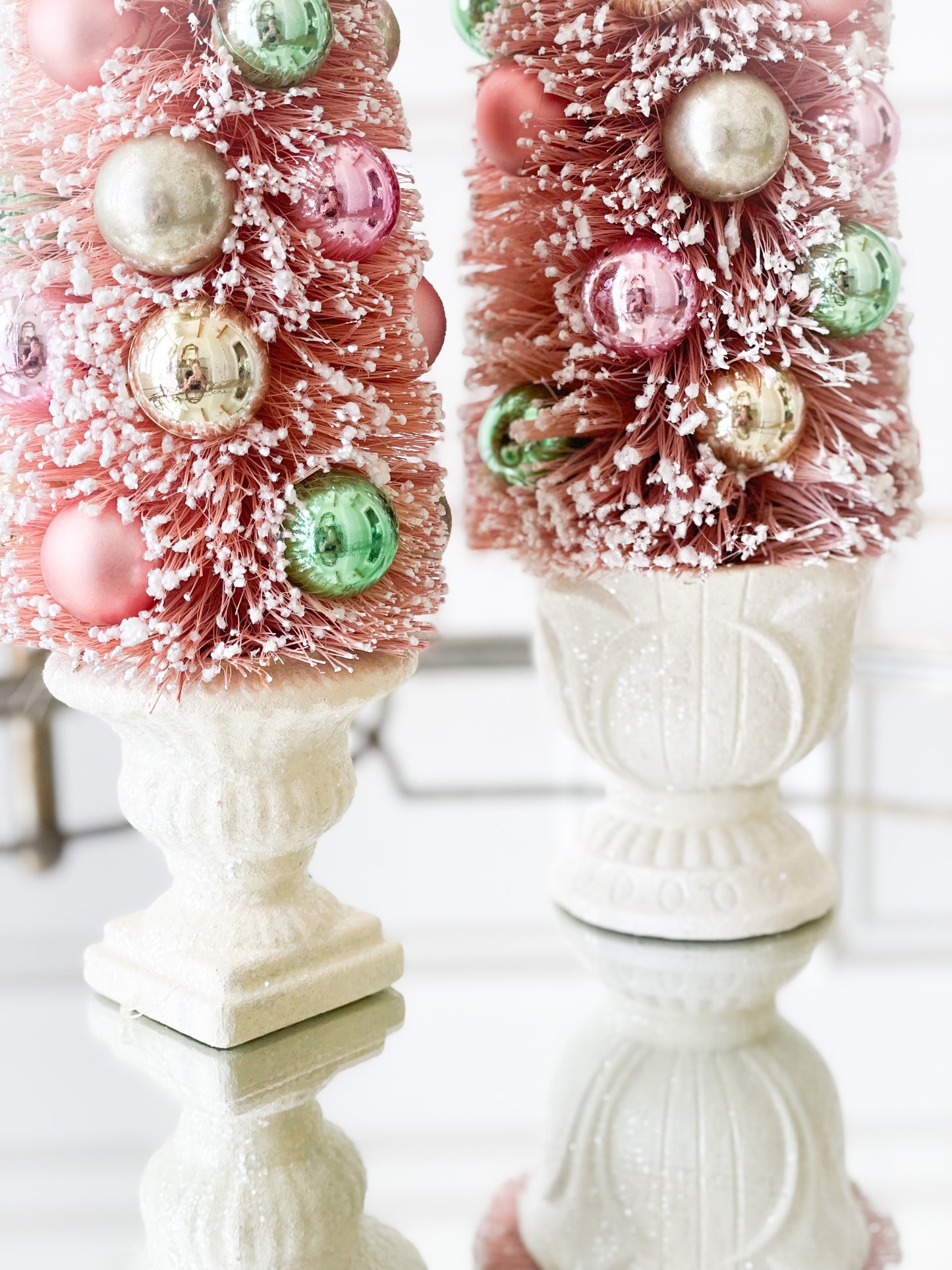 Set Of Two Blush Bottle Brush Tree With Ornaments In Urn