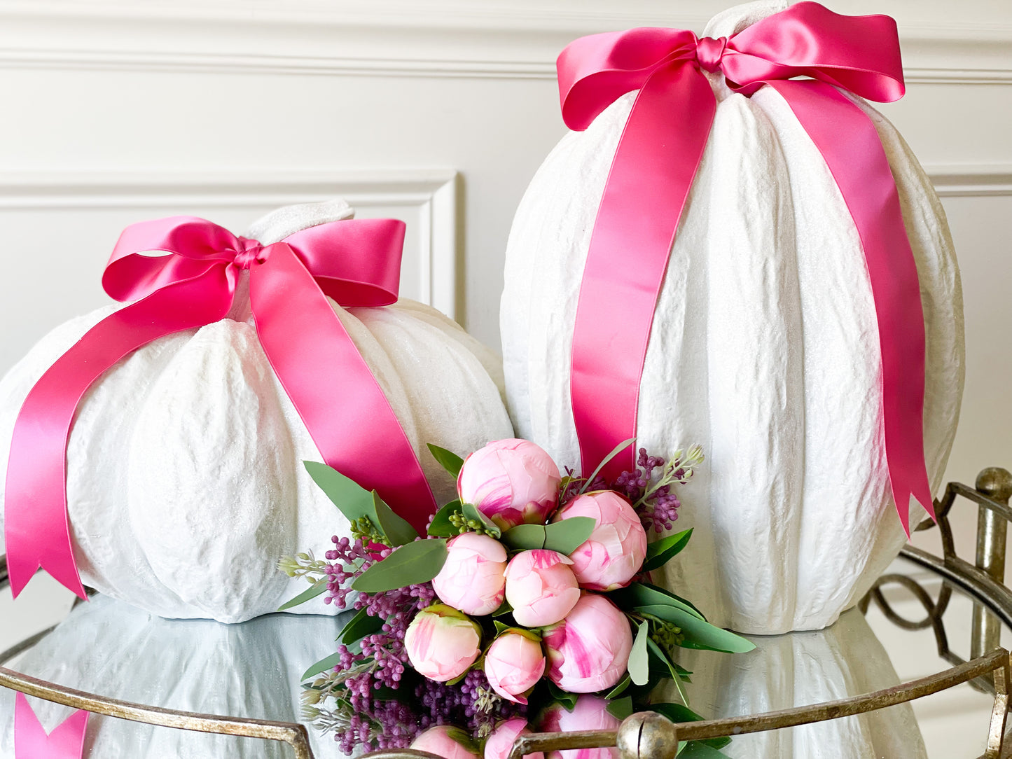 Set Of Two White Glitter Pumpkins with Pink Satin Bow