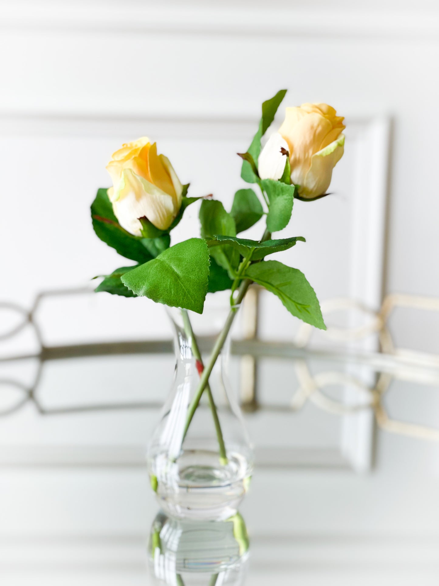 Yellow Double Rosebud In Glass Vase With Acrylic Water