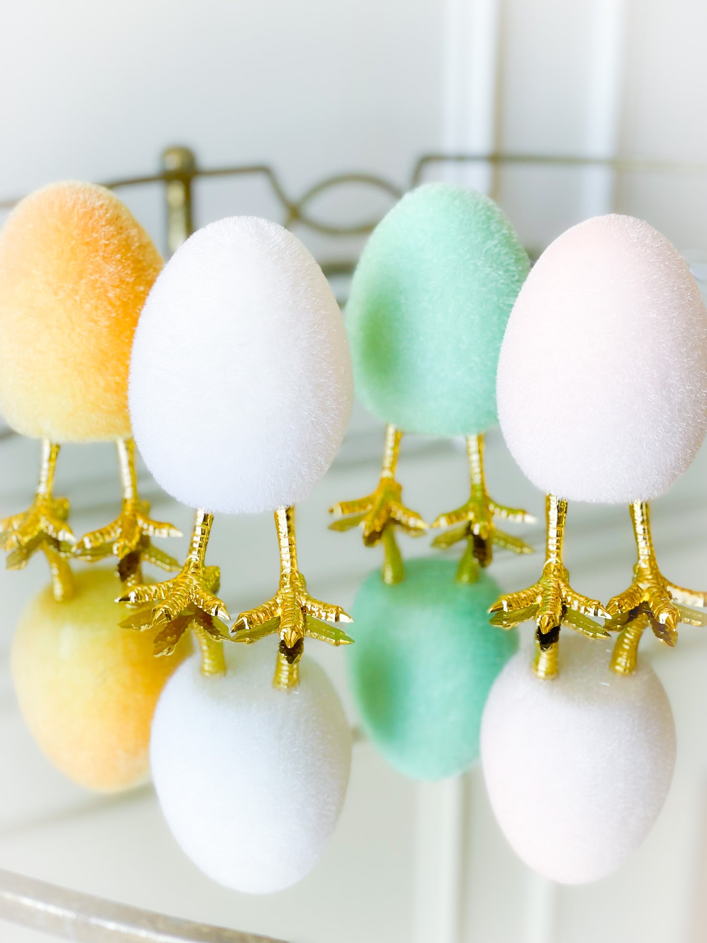 Set Of Four Flocked Eggs With Gold Feet