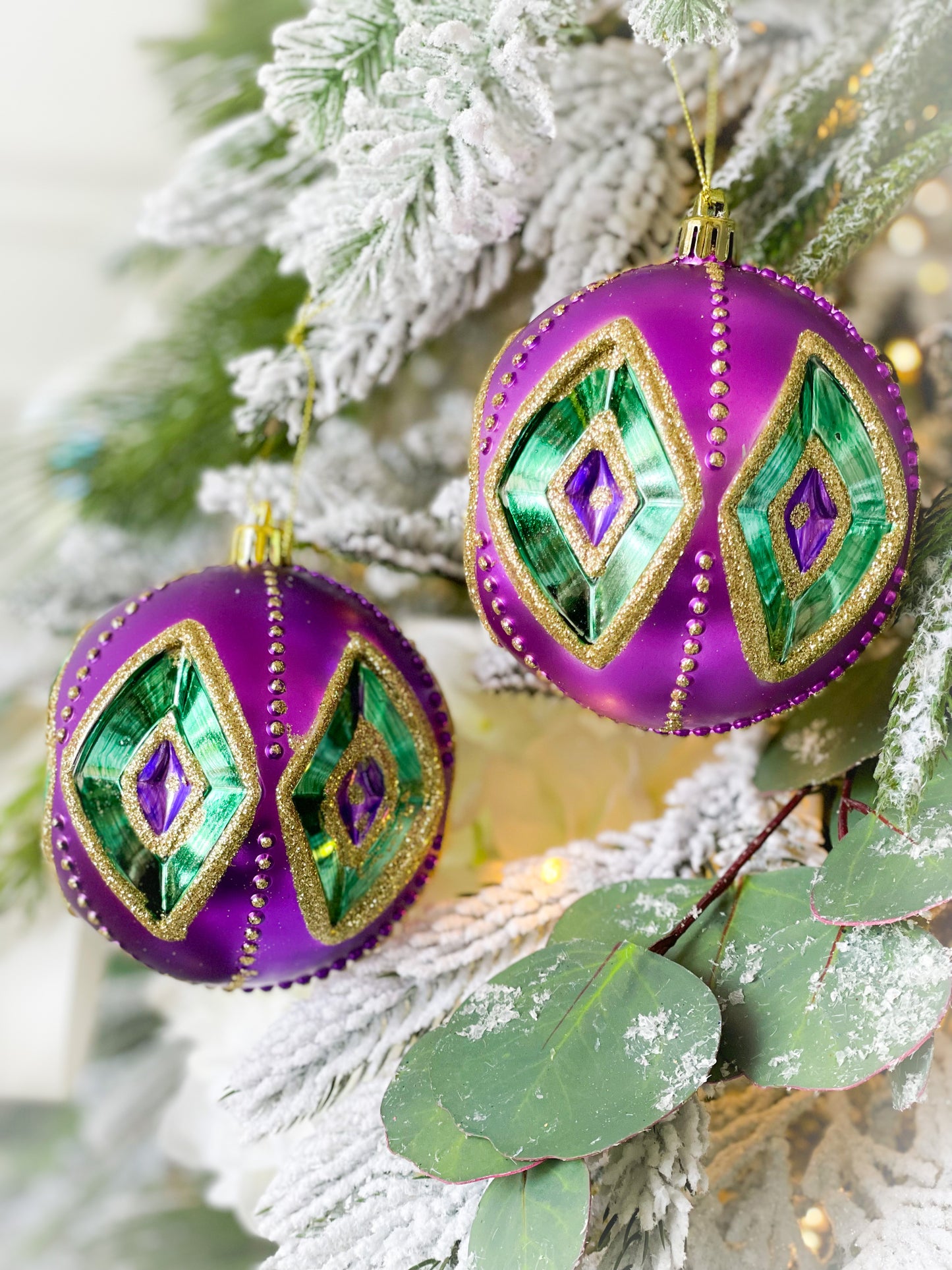 Set Of Two Mardi Gras Diamond Ball Ornaments