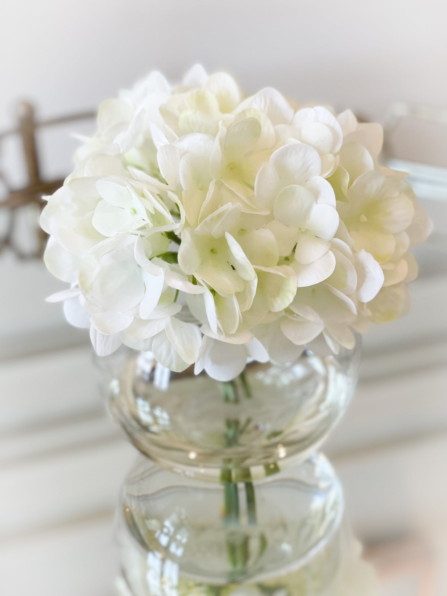 White Hydrangeas In Glass Vase With Acrylic Water