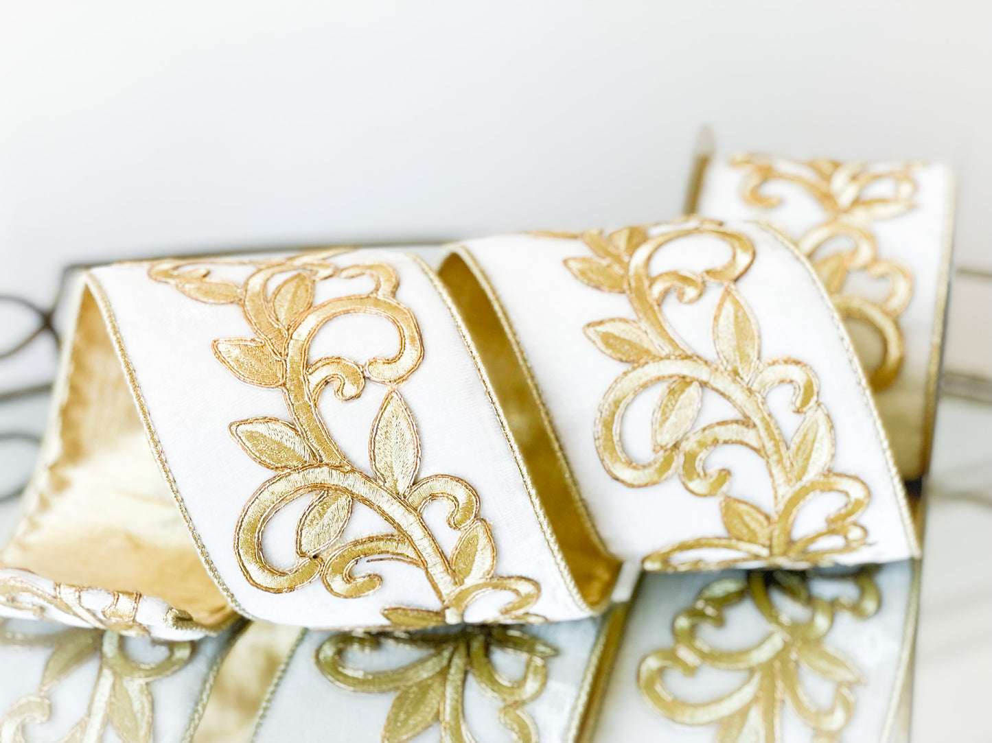 Ivory Velvet With Royal Gold Embroidery Ribbon