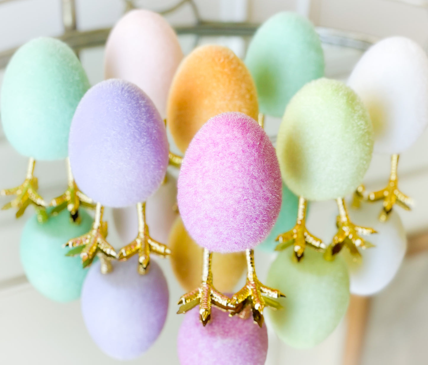 Set Of Four Flocked Eggs With Gold Feet