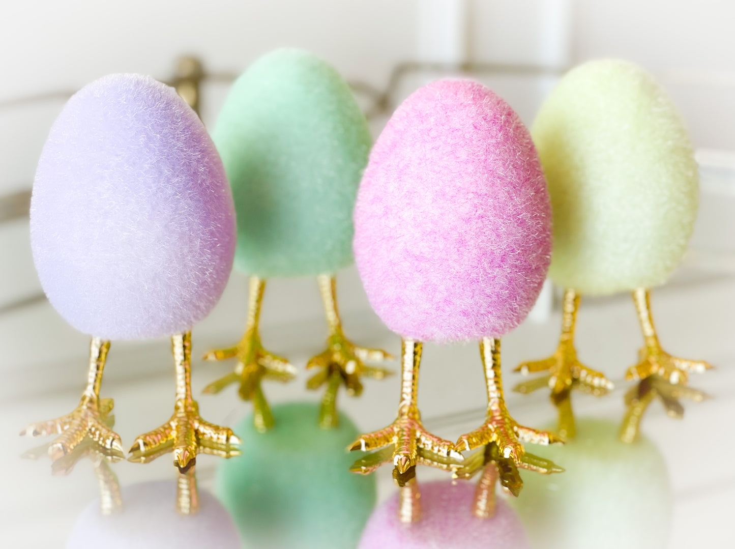 Set Of Four Flocked Eggs With Gold Feet