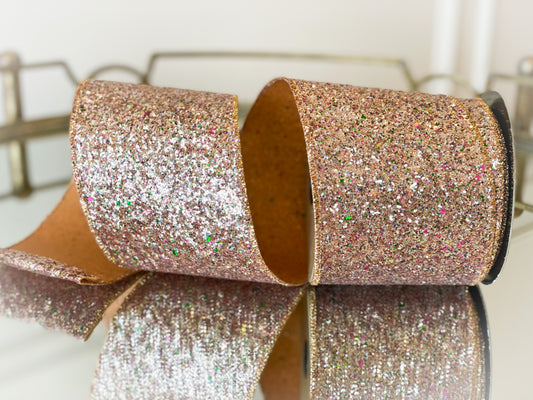 Mardi Gras Rose Gold Glitter with specs of green and purple Ribbon