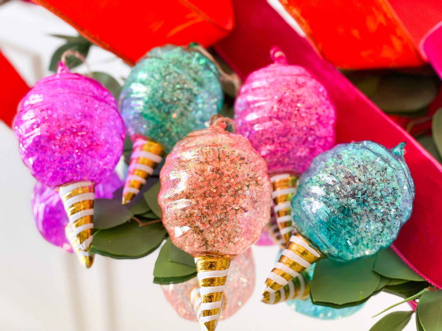 Five Glitterville 5.5” Assorted Irredescent Glass Cotton Candy Ornaments