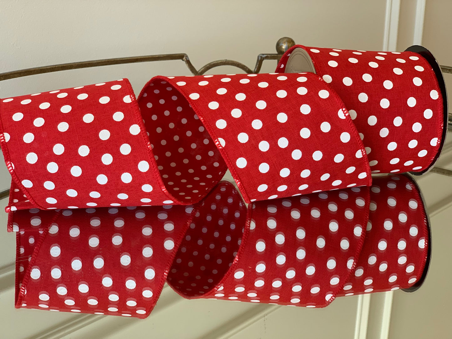 Red Large Dot Faux Linen Ribbon with Small dots on Back