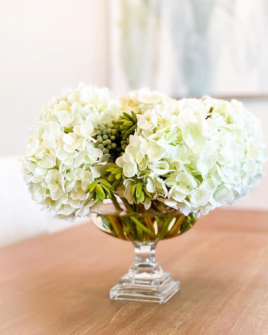 Cream Hydrangea Sedum in Footed Glass Vase Acrylic Water