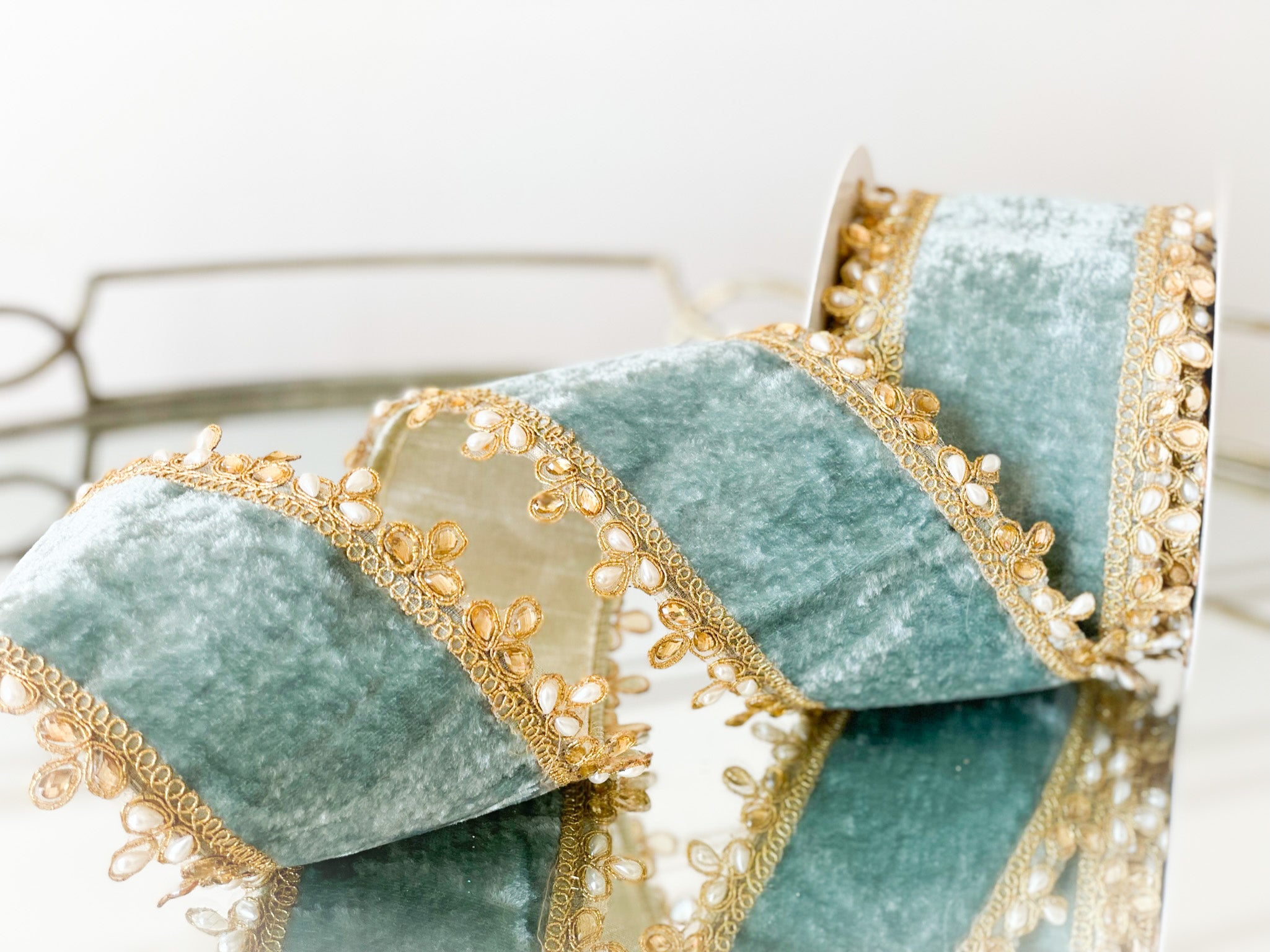 Celadon Velvet Ribbon With Pearl Edge 4”x5yd – Blanc Box