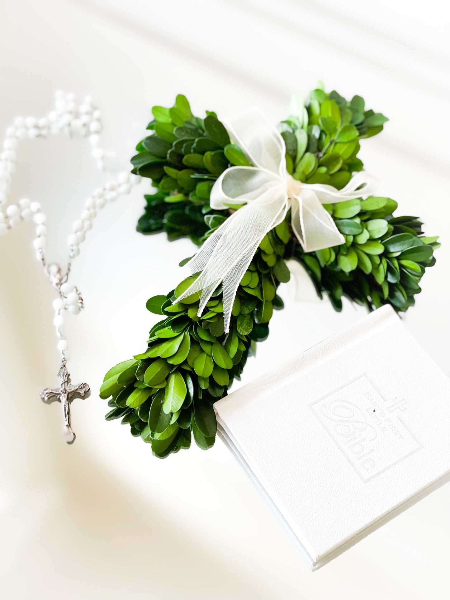 Petite Preserved Boxwood Cross With Sheer Bow