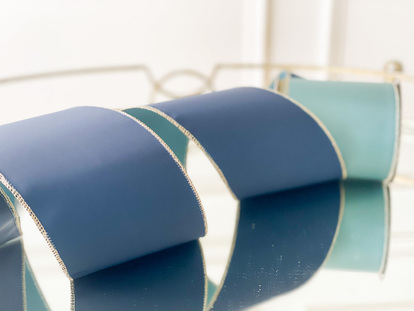 Celadon Reversible Taffeta Ribbon With Blue Back