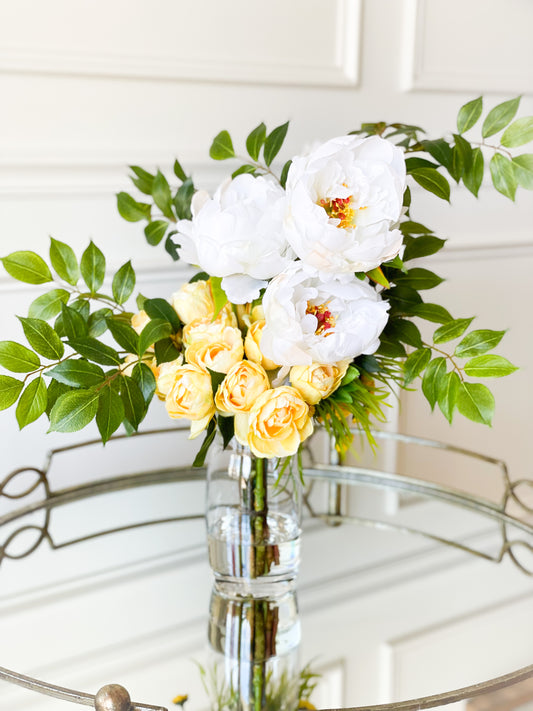 White And Yellow Tulip/Peony/Calendula in Glass Vase