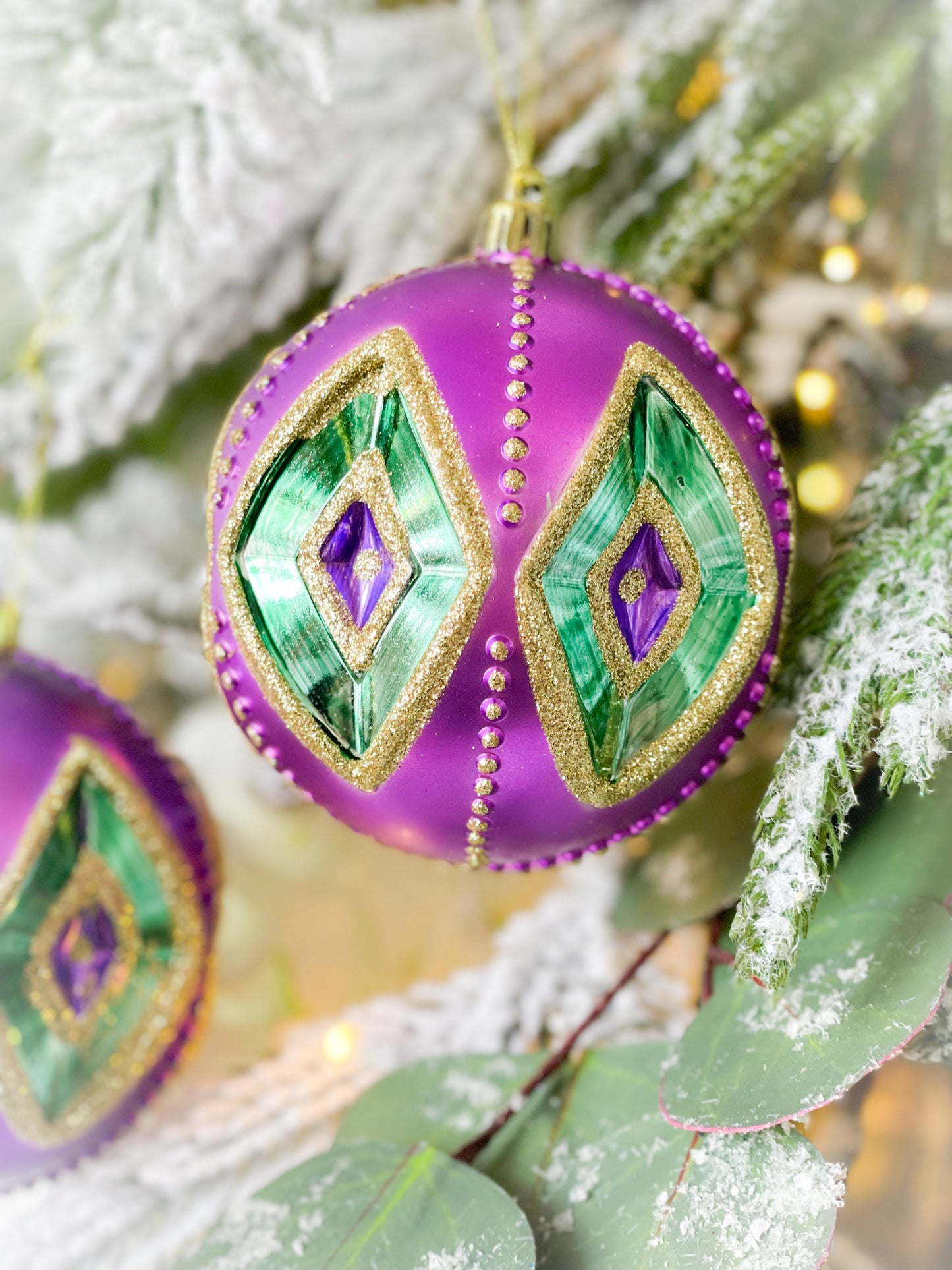 Set Of Two Mardi Gras Diamond Ball Ornaments