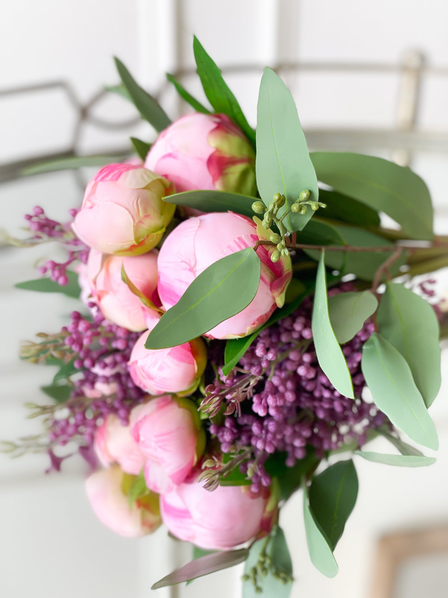 Pink Peony Bud, Lilac, And Eucalyptus Bouquet With Satin Bow