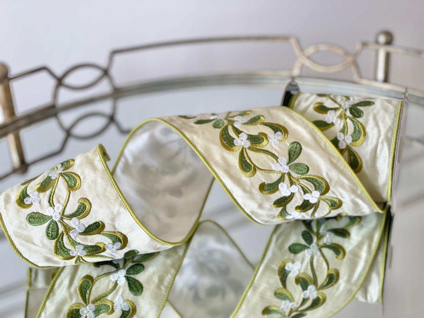 Embroidered Sage/Ivory Berry Leaf Garland Ribbon