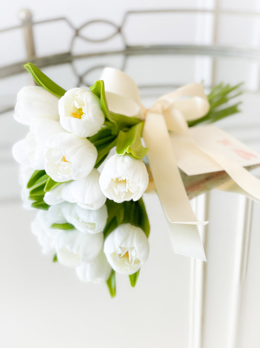 White Tulip Bundle With Satin Bow And Dance Card