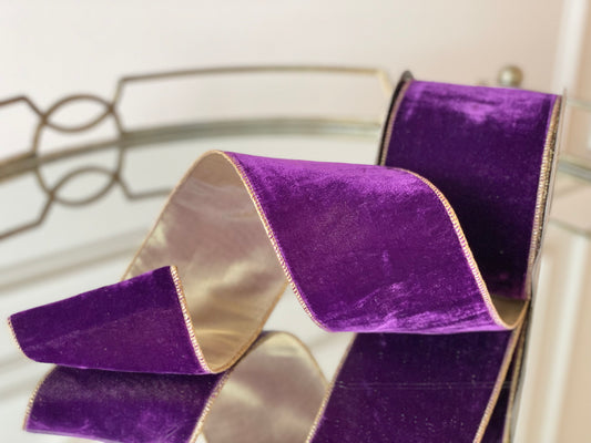 Purple Vintage French Velvet Ribbon Gold Backing