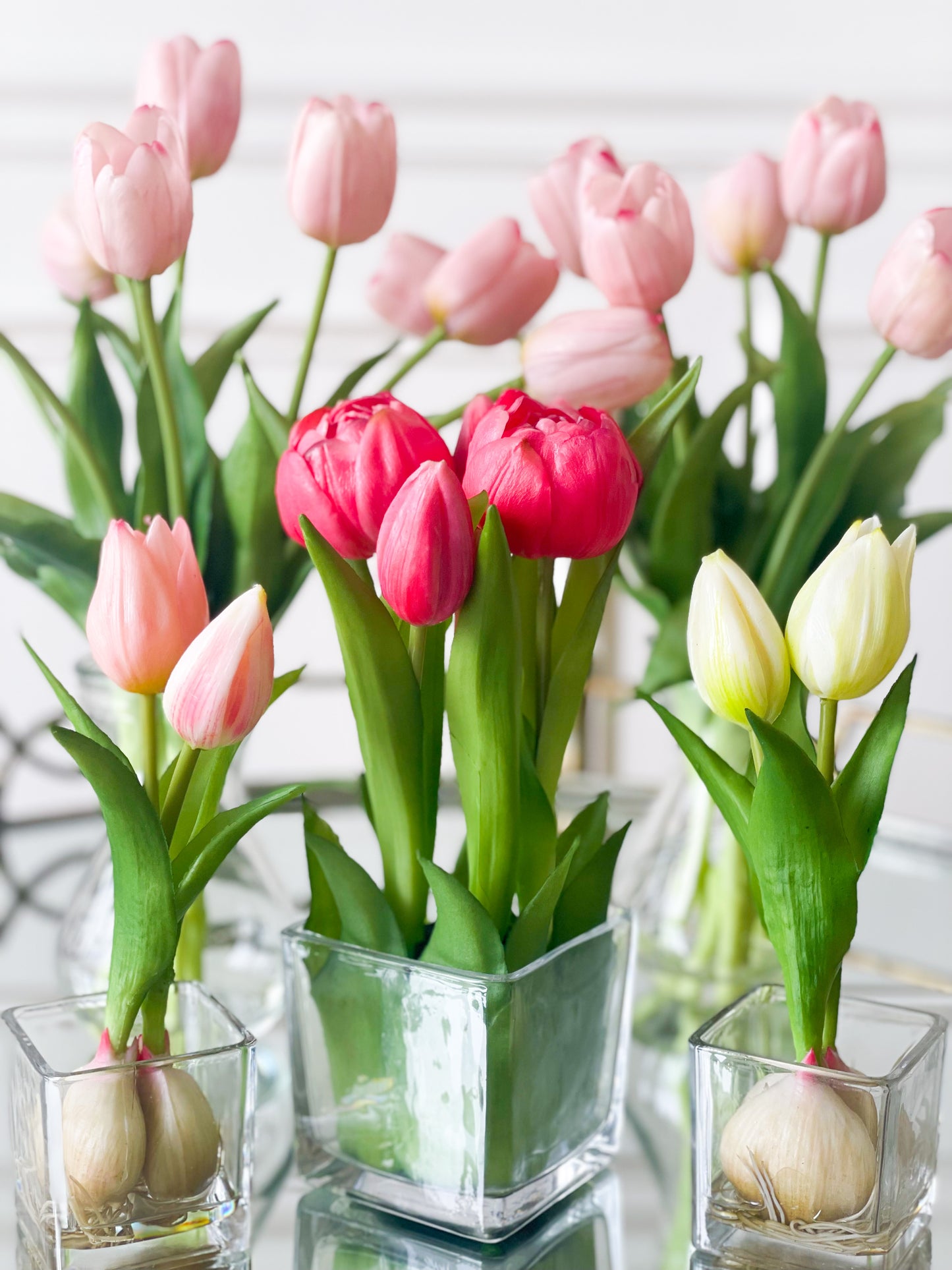 Soft Pink Real Touch Tulip Bouquet In Glass Vase