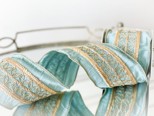Celadon Dupion Ribbon With Gold Thread Detail In Middle