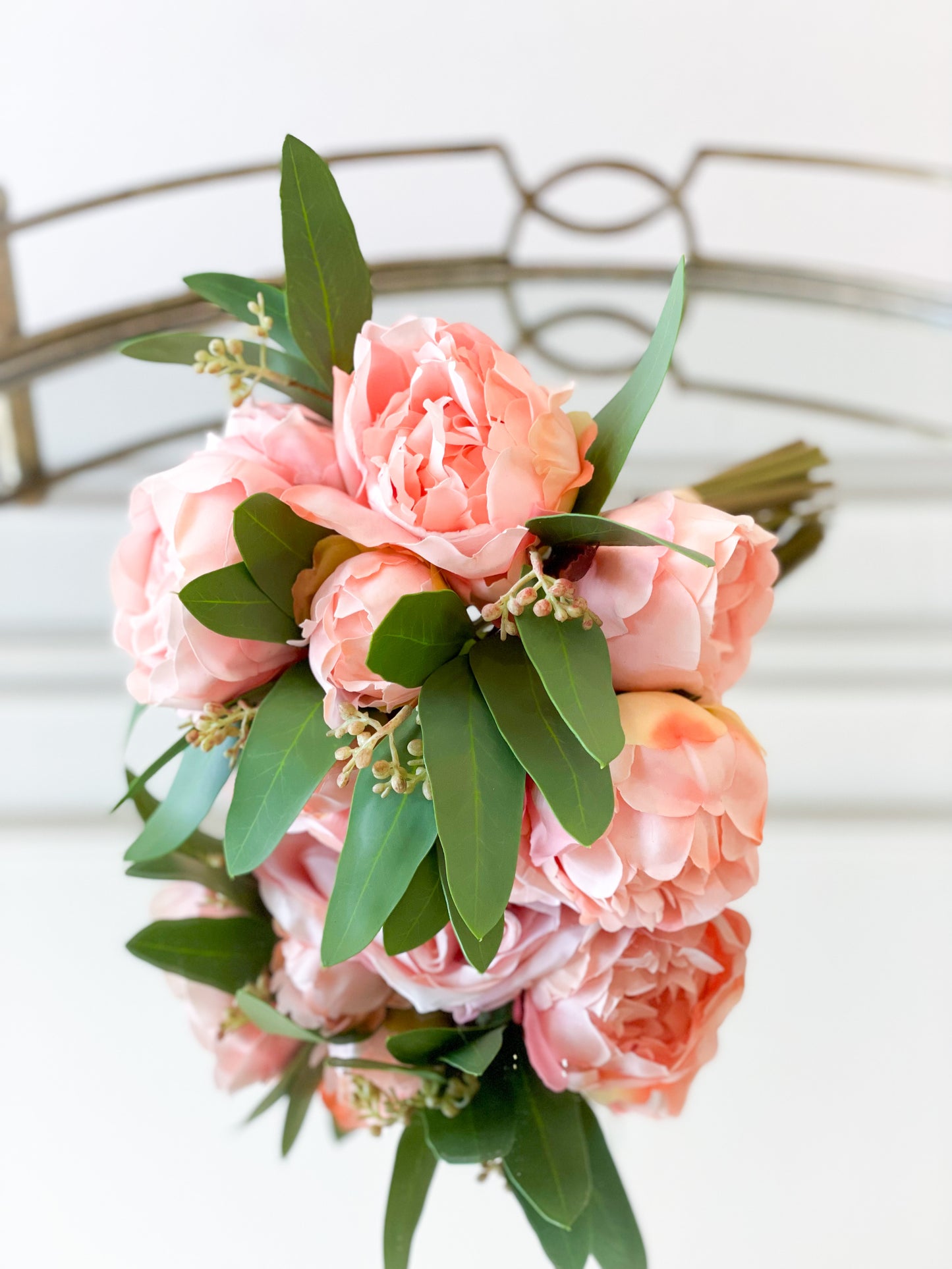 Light Coral Rose And Peony Eucalyptus Bouquet