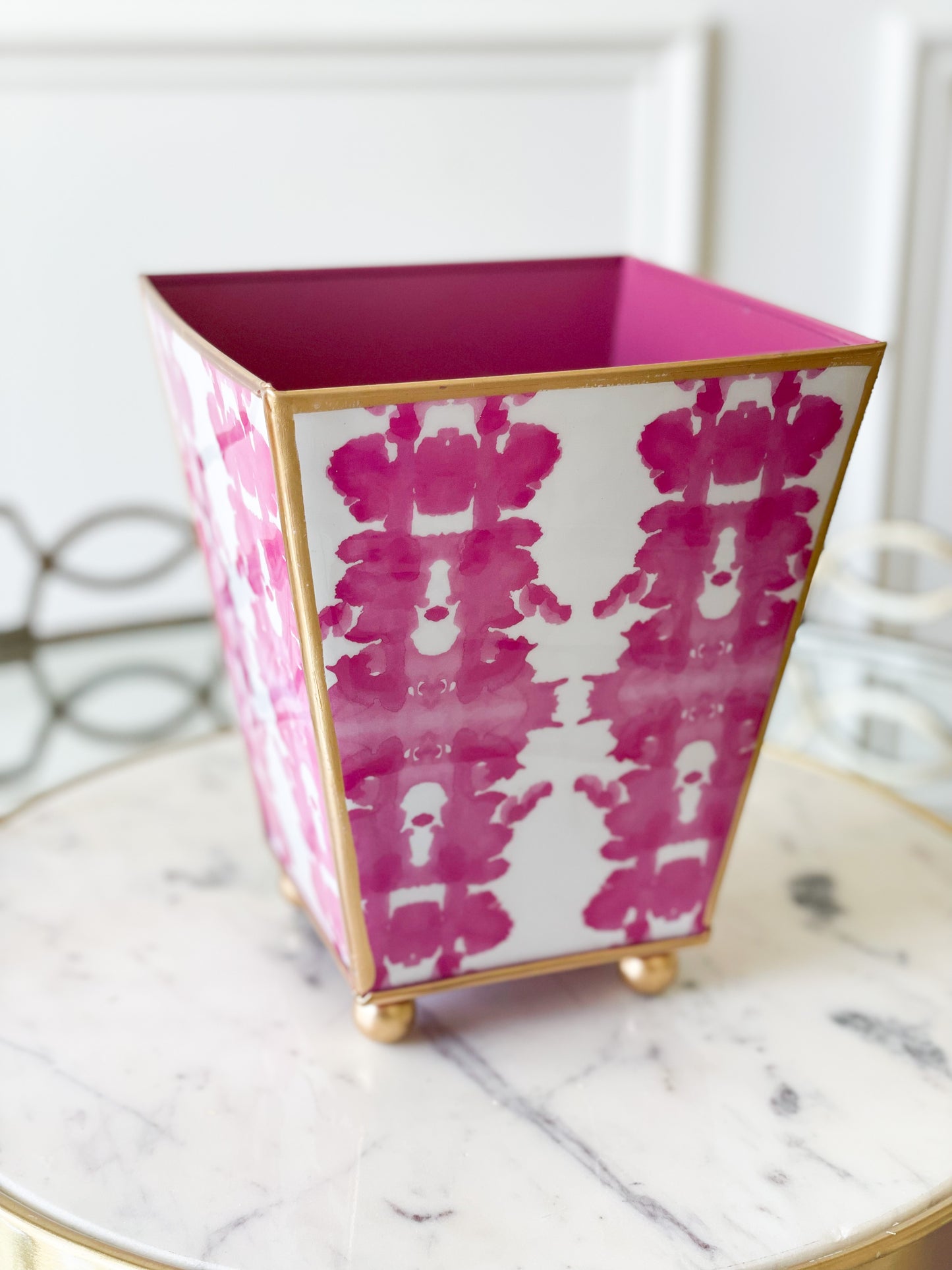 Pink And White Ink Blot Enameled Cachepot