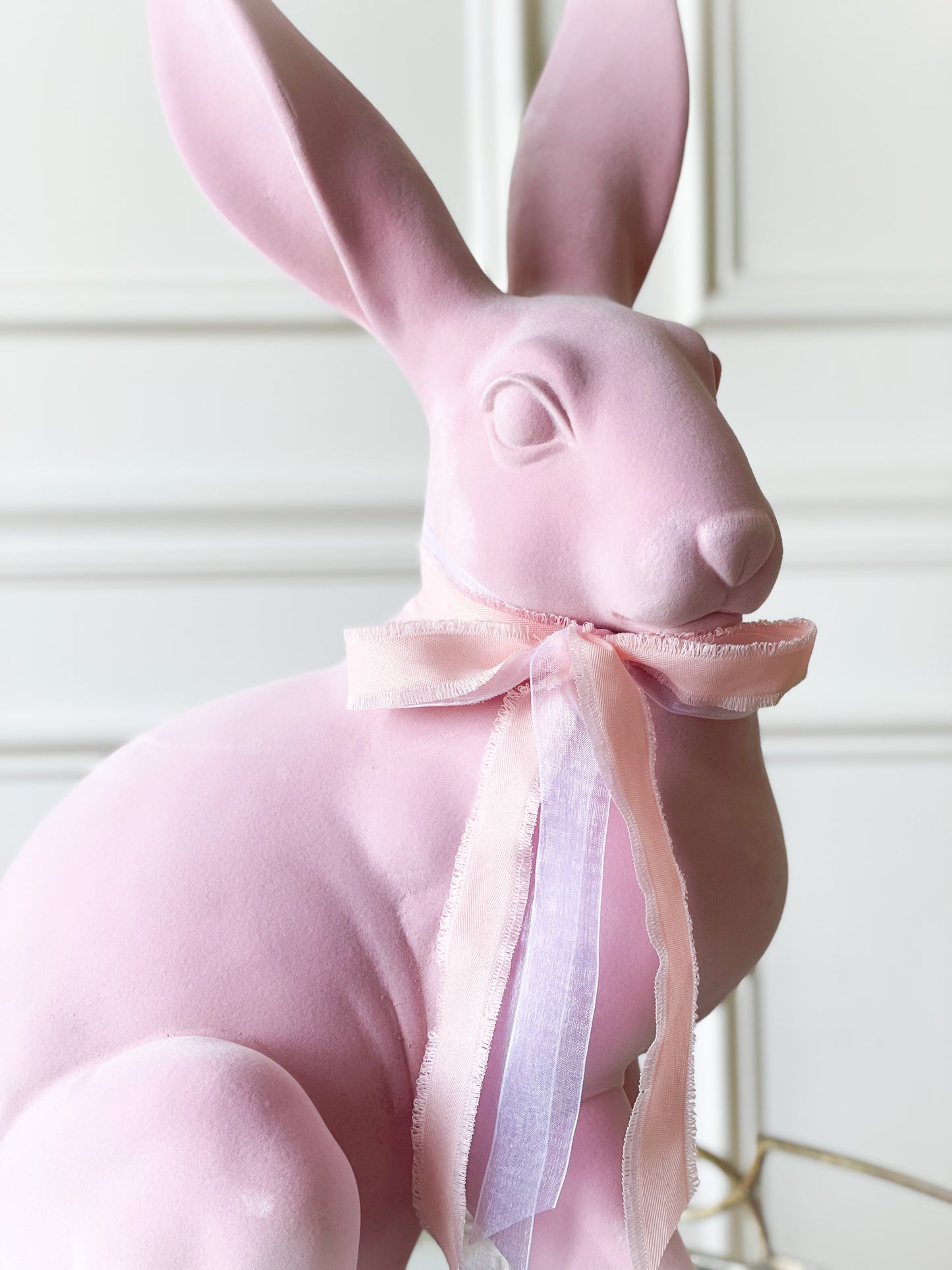 Pink Sitting Flocked Bunny With Bow
