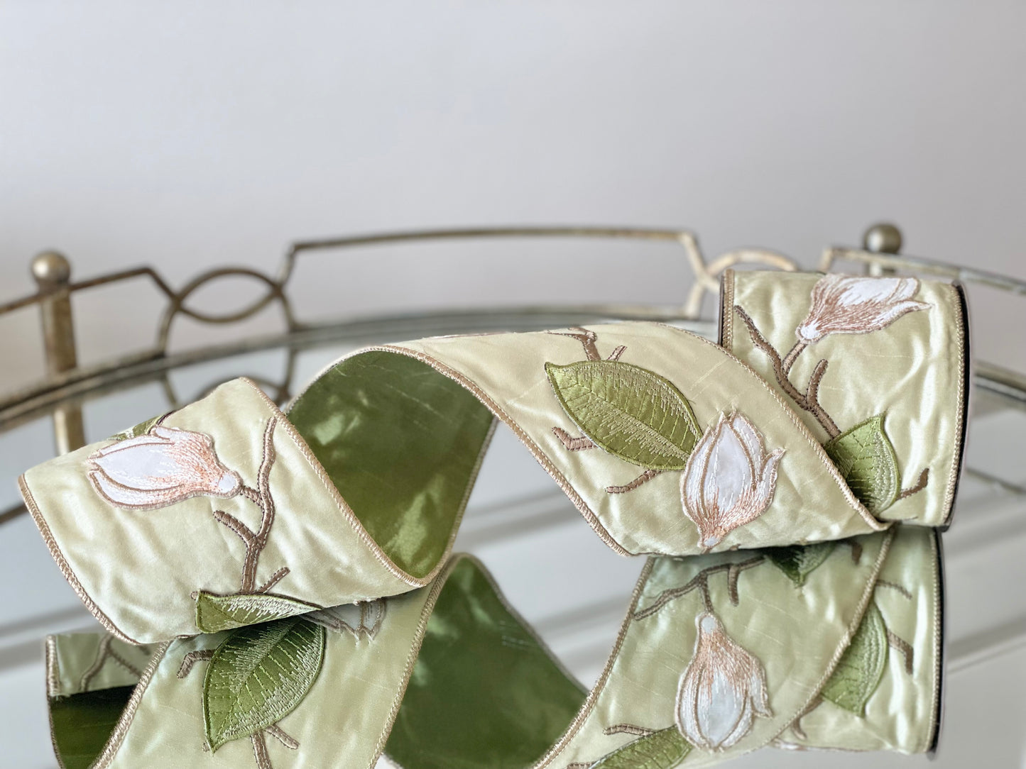 Embroidered Sage/Ivory Japanese Magnolia Ribbon