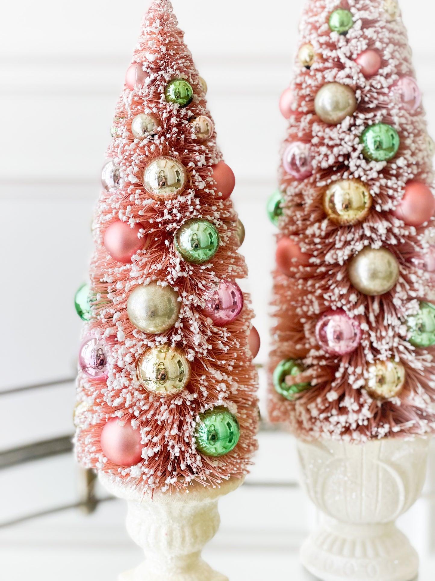 Set Of Two Blush Bottle Brush Tree With Ornaments In Urn