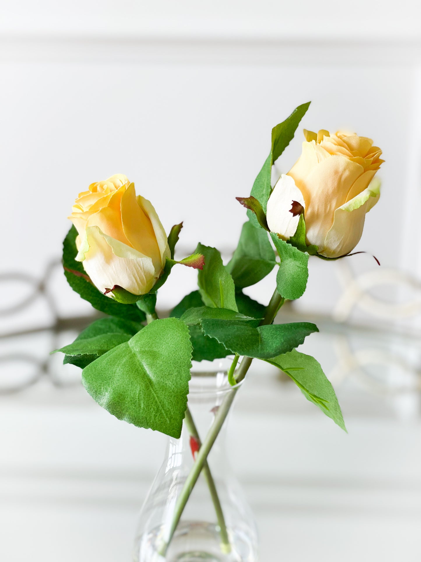 Yellow Double Rosebud In Glass Vase With Acrylic Water
