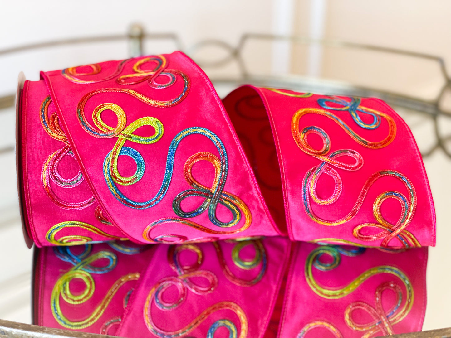 Fuchsia And Multi-Colored Embroidered Ribbon