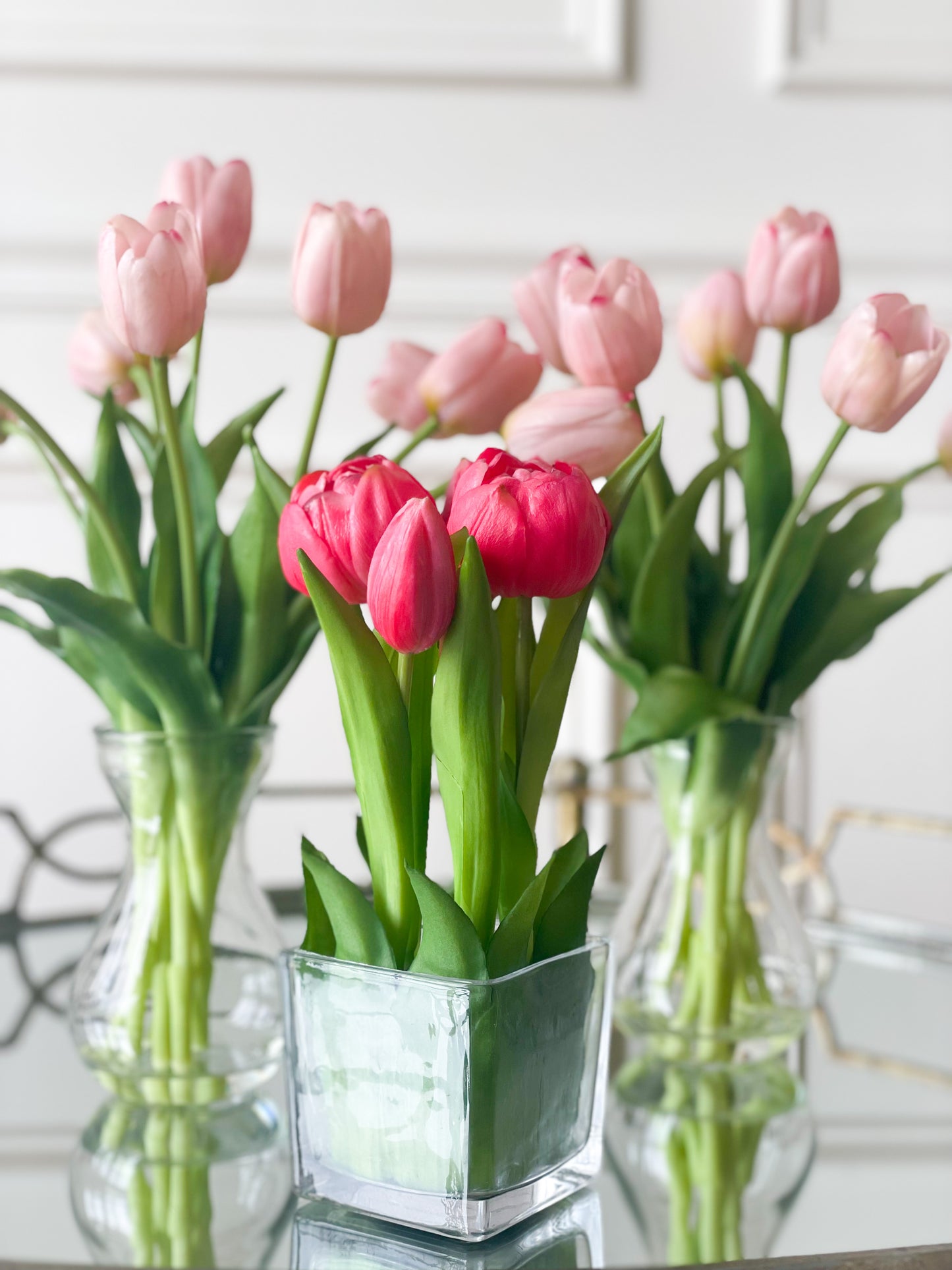 Soft Pink Real Touch Tulip Bouquet In Glass Vase