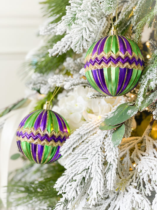 Set Of Two Mardi Gras Green Stripe/Chevron Ornaments