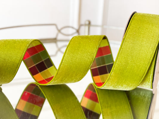 Apple Green Velvet Ribbon With Fall Plaid Back