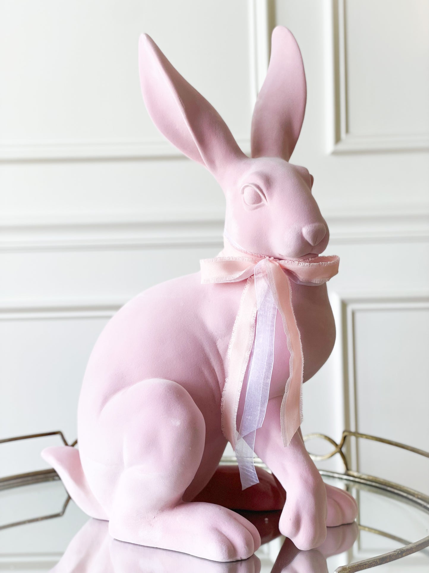 Pink Sitting Flocked Bunny With Bow