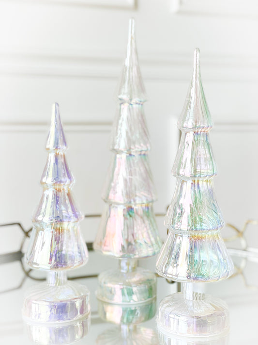 White Iridescent Glass Tree Set Of 3