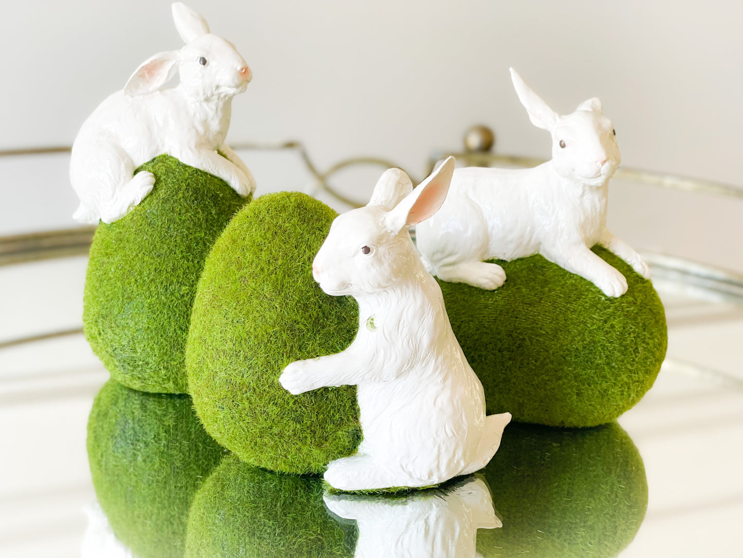 Set Of Three Petite Bunnies On Moss Eggs