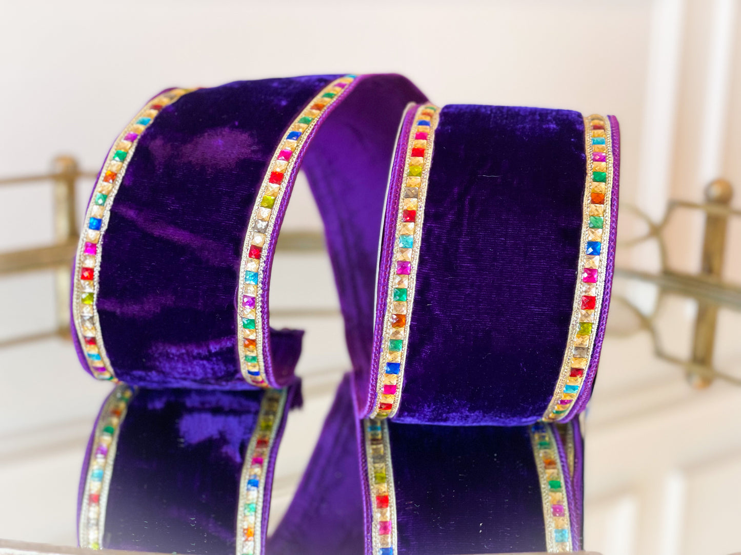 Mardi Gras Velvet purple ribbon with multicolored jewels