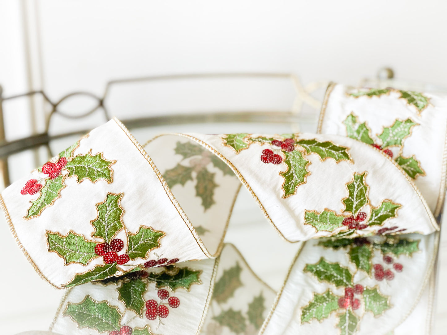 Ivory Dupion Ribbon With Embroidered Holly