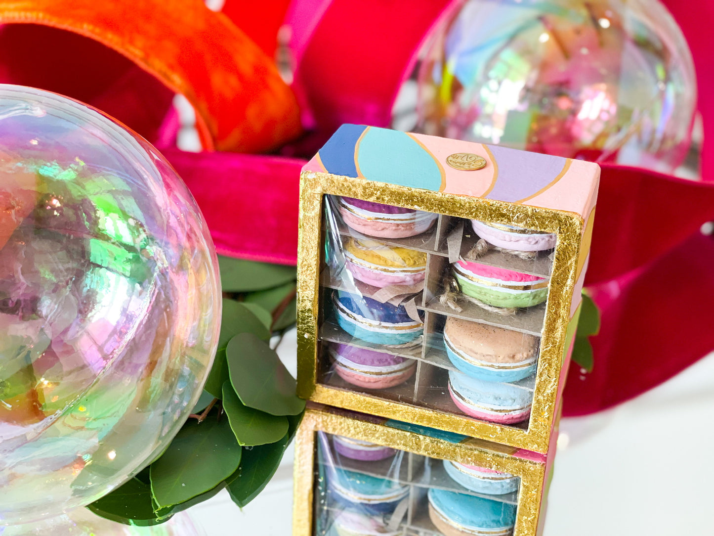 Glitterville Assorted Half And Half Macaron Ornaments And Gift Box