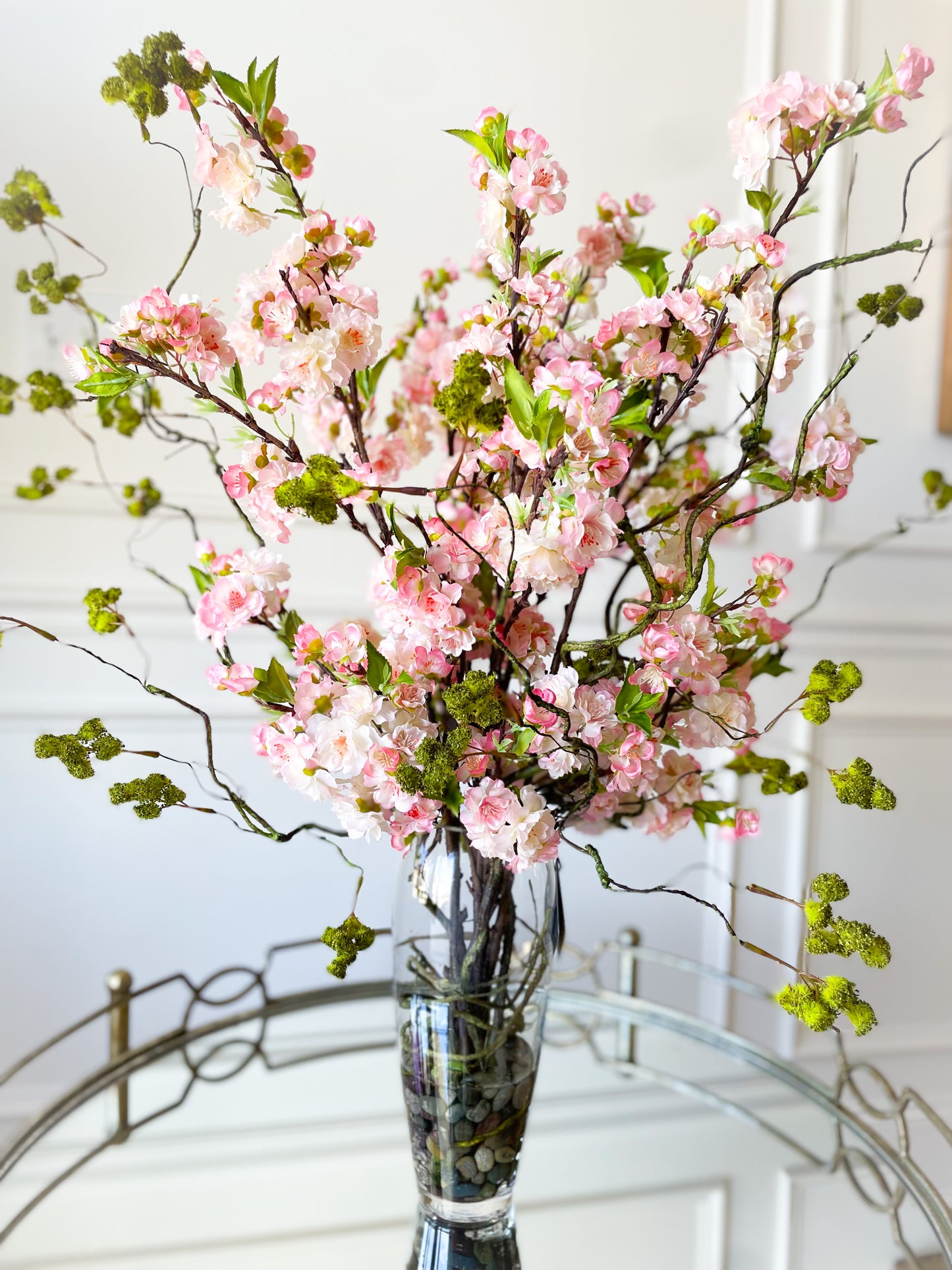 Pink Cherry Blossom Stems In Glass Vase