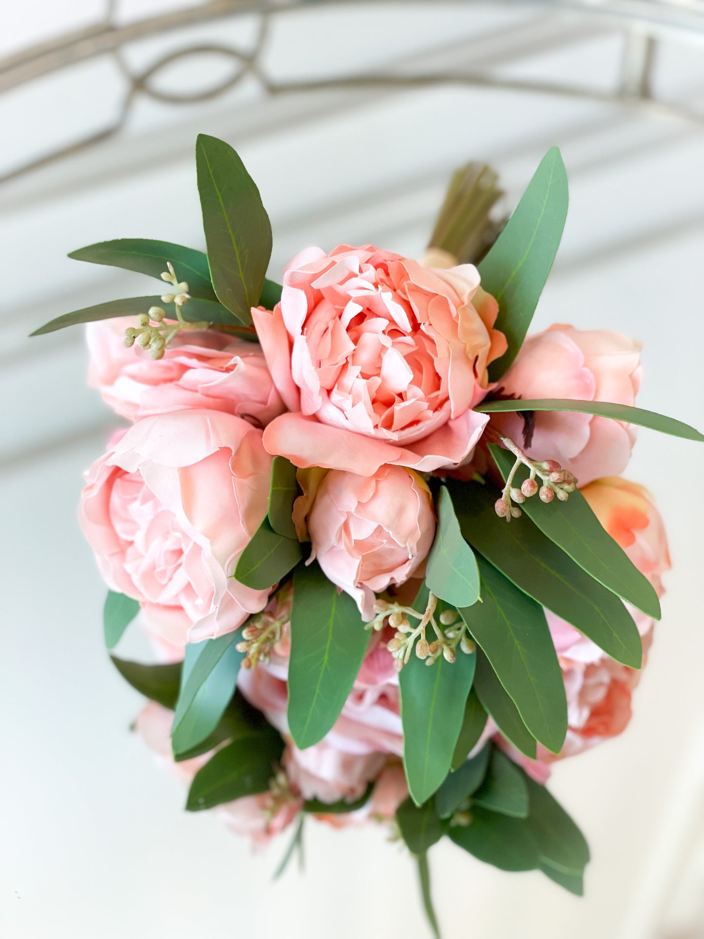 Light Coral Rose And Peony Eucalyptus Bouquet