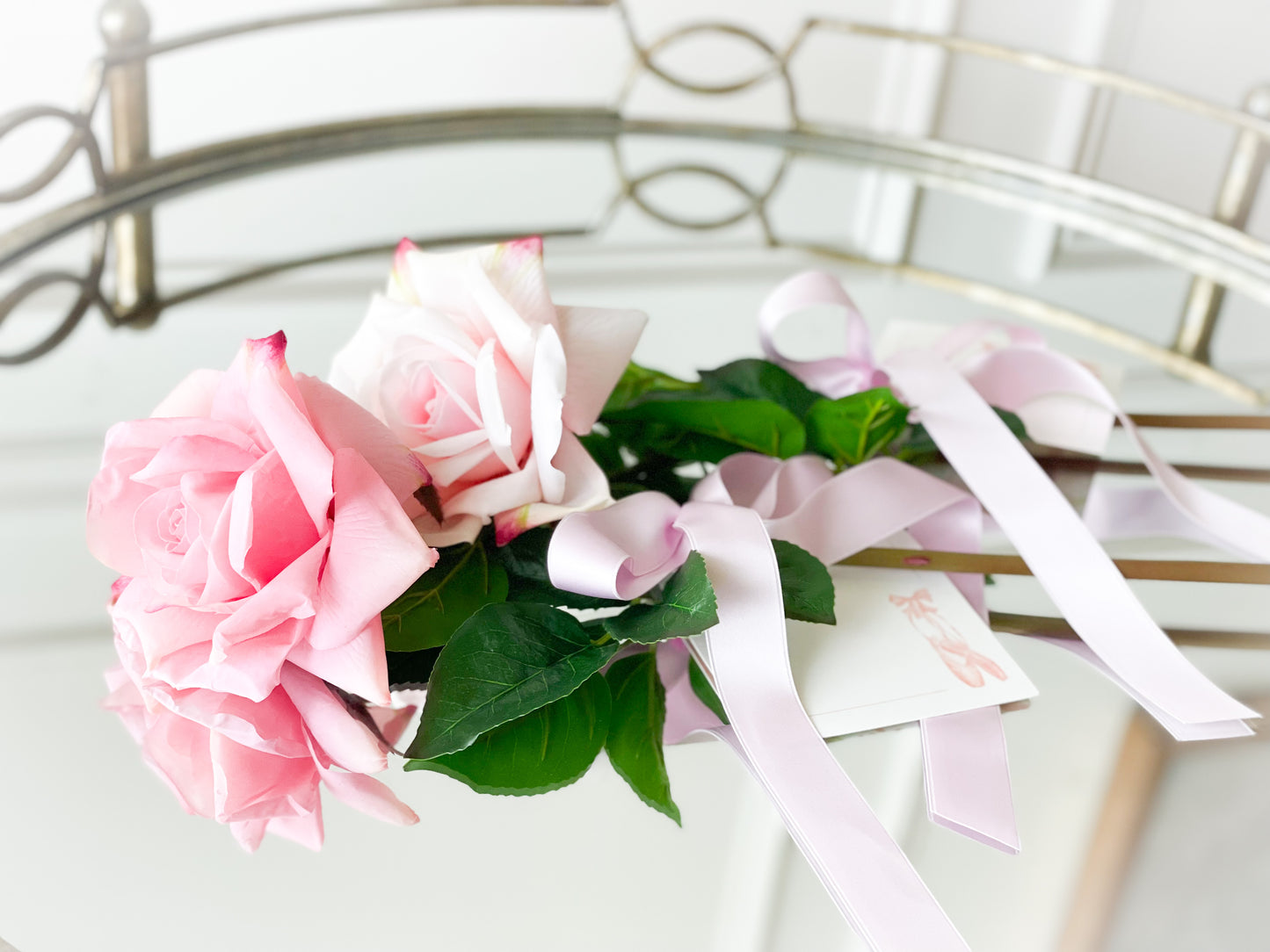 Pink Long Stem Rose With Satin Ribbon And Card