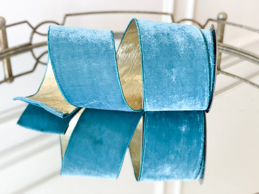 Teal Velvet Ribbon With Gold Backing