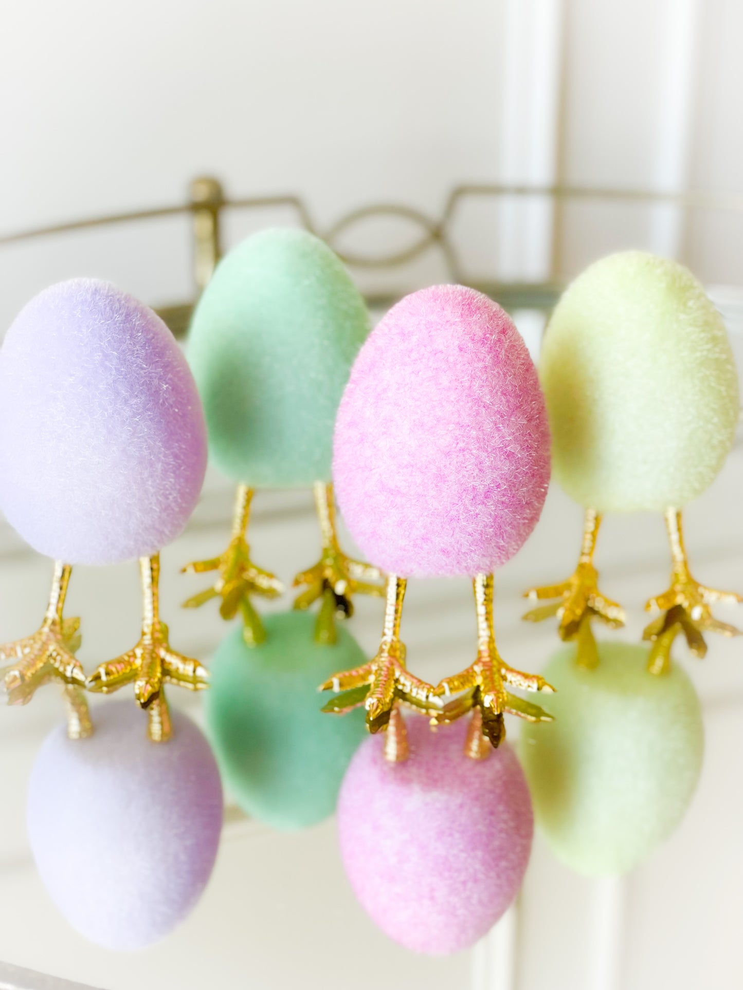 Set Of Four Flocked Eggs With Gold Feet