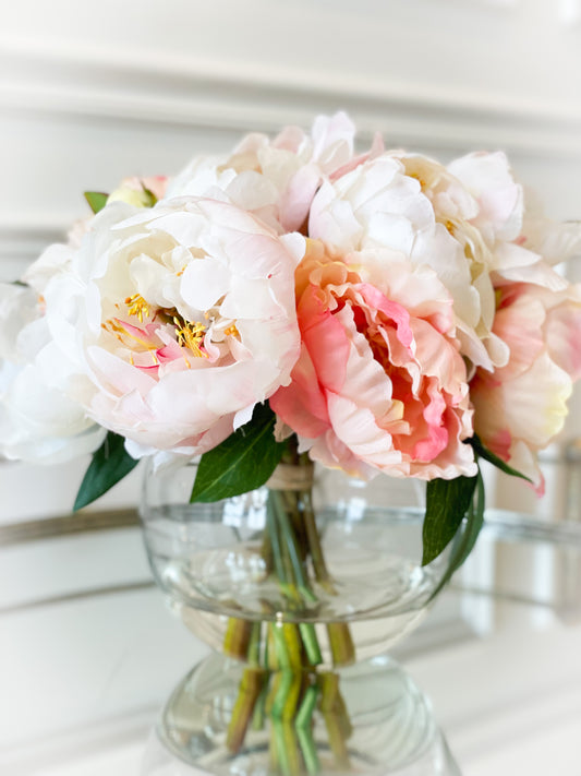 Blush And Cream Peony Bouquet In Round Glass Vase With Acrylic Water