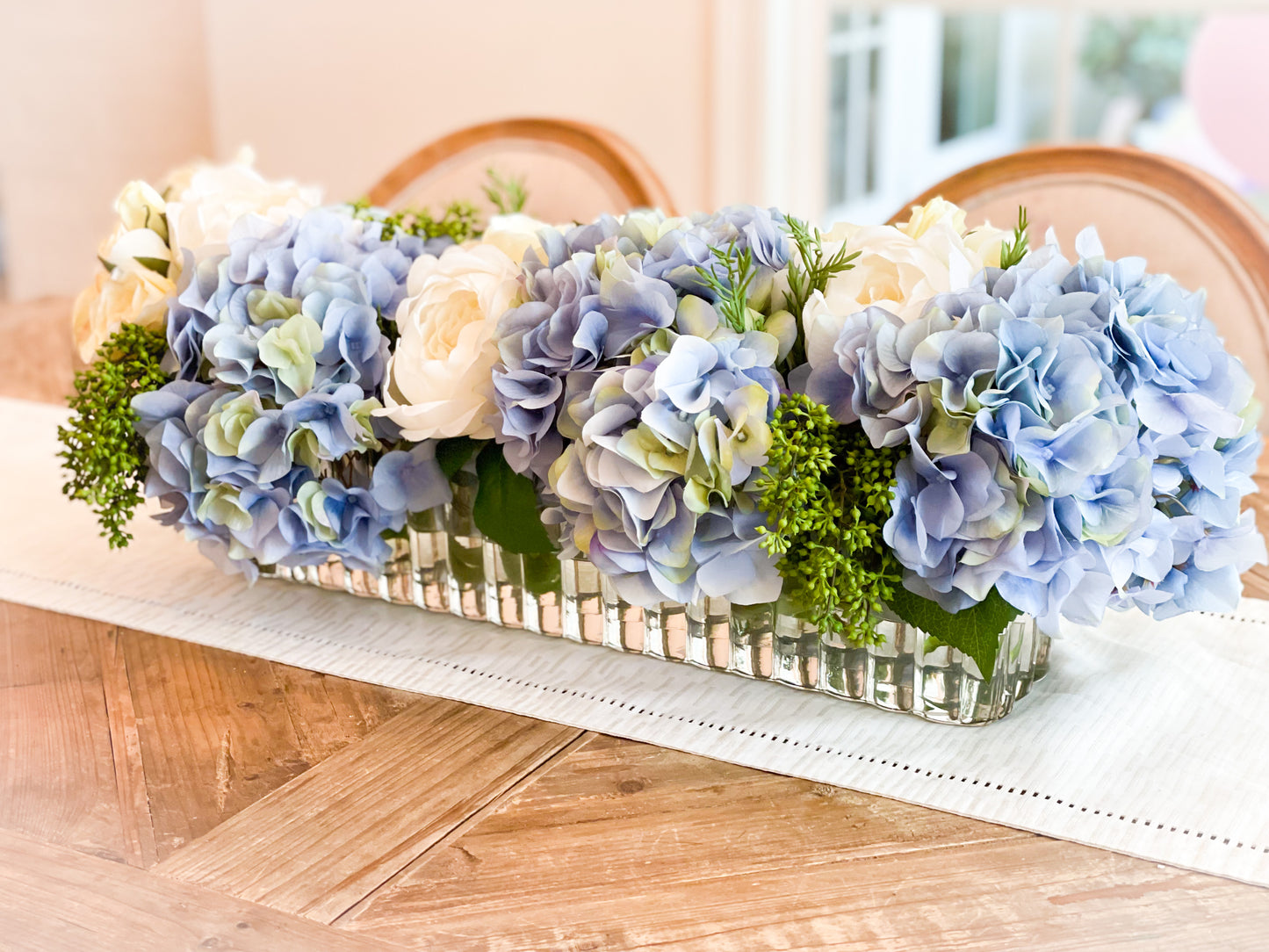 Blue And White Long Hydrangea, Rose, And Peony Arrangement In Ribbed Glass Vase