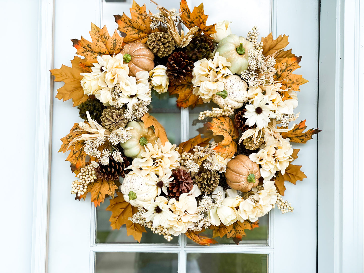 Cream Hydrangea Pumpkin Wreath