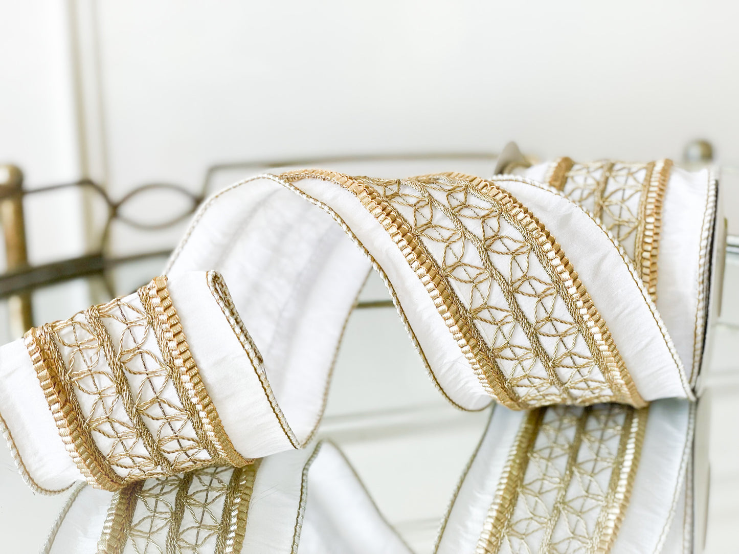 Ivory Dupion Ribbon With Gold Thread Detail In Middle
