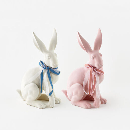 White Sitting Flocked Bunny With Blue Bow